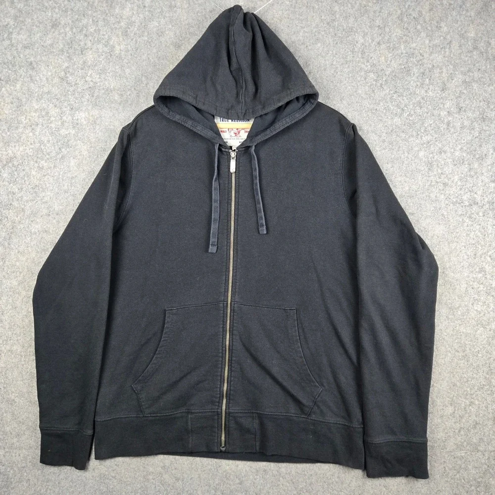 True Religion Zip Up Hoodie Mens XL Black Gold Big Horseshoe Logo Y2K Streetwear